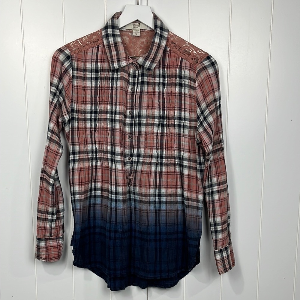 Vintage American Blues Womens Shirt M Black/Mauve Ombré Plaid Button Up Crinkle
